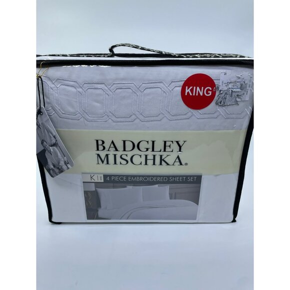 Badgley Mischka 4 Piece Embroidered King Sheet Set  100% Polyester  Machine Wash - Picture 3 of 4
